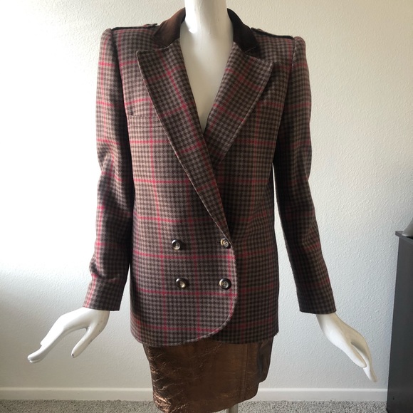VINTAGE VALENTINO Miss V wool brown plaid blazer - - Picture 2 of 8